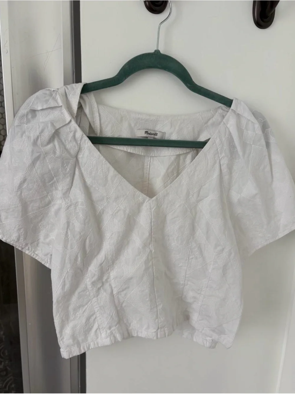Madewell White Textured V-Neck Puff Sleeve Blouse